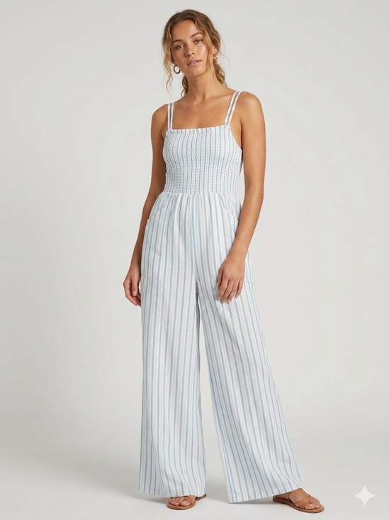 Bluenotes Pants - Bluenotes Blue White Striped Smocked Jumpsuit linen blend New England summer M